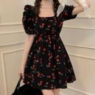 Puff-sleeve Square-neck Cherry Print Mini A-line Dress