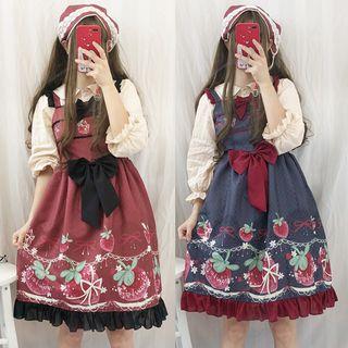Strawberry Print Spaghetti Strap A-line Dress / 3/4-sleeve Blouse / Headscarf / Set