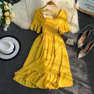 Elbow-sleeve Smocked A-line Dress