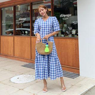 Puff-shoulder Gingham Maxi Dress