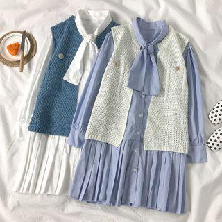 Tie-neck Pleated A-line Shirtdress / Knit Vest