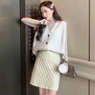 Mock-turtleneck Knit Top / V-neck Buttoned Knit Vest / Faux Leather Quilted A-line Skirt