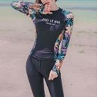 Set: Long-sleeve Floral Lettering Rashguard + Swim Pants