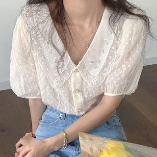 Short-sleeve Dotted Blouse Light Almond - One Size
