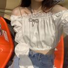 Bell-sleeve Off-shoulder Lace Trim Crop Top White - One Size