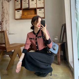 Set: Buckled Tweed Cardigan + Midi Knit Skirt Red - One Size