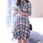 3/4-sleeve Plaid Tie-neck Dress