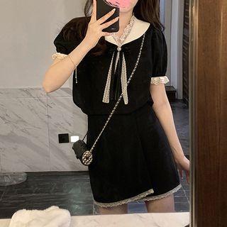 Short-sleeve Sailor Collar Lace Trim Top / Skirt
