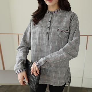 Mandarin-collar Glen-plaid Shirt