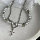 Cross Pendant Faux Pearl Layered Alloy Necklace 1pc - Silver & White - One Size