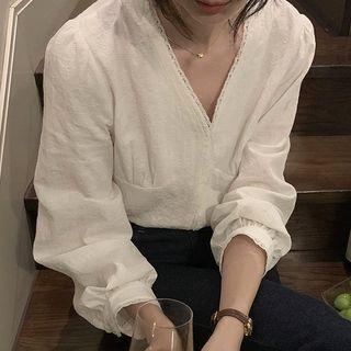 Long-sleeve V-neck Plain Lace Trim Shirt