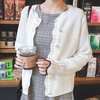 Scallop-trim Faux-pearl Button Waffle-knit Cardigan