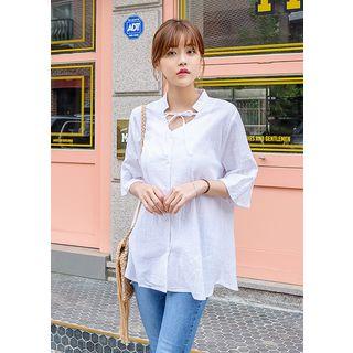 Elbow-sleeve Tie-front Cotton Shirt