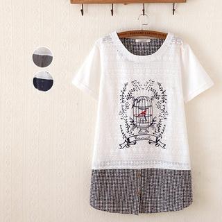 Short-sleeve Paneled Embroidered Top