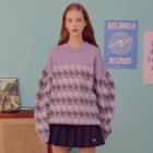 Balloon-sleeve Houndstooth Sweater Lavender - One Size