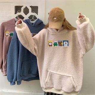 Faux Shearling Cartoon Print Hoodie