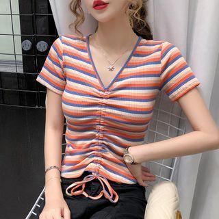 Striped Drawstring Short-sleeve Cropped T-shirt