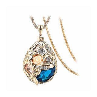 Romantic Bohemian Golden Rose Pendant With Blue Crystal And Necklace