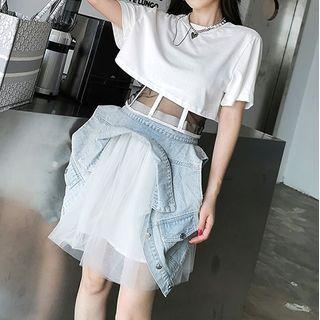 Set: Mini A-line Mesh Skirt + Denim Vest
