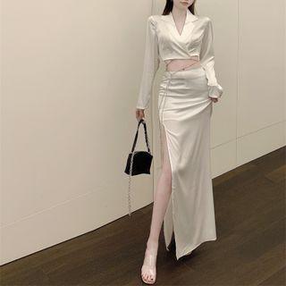 Notch Lapel Crop Shirt / Slit Maxi Pencil Skirt