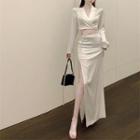Notch Lapel Crop Shirt / Slit Maxi Pencil Skirt