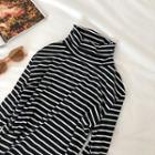 Color-block Striped Turtle-neck Long-sleeve T-shirt Black - One Size
