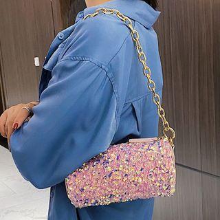 Chain Sequined Barrel Crossbody Bag