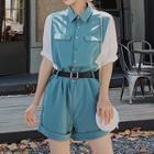 Short-sleeve Color Block Buttoned Playsuit