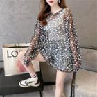 Long-sleeve Geometric Print Mesh Top