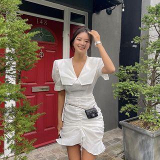 V-neck Plain Drawstring Ruffle A-line Dress