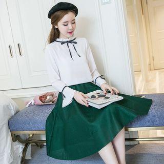 Set: Tie Neck Long Sleeve Blouse + Plain Midi A-line Skirt