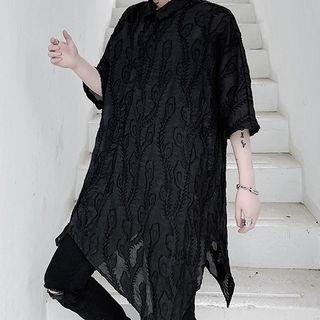Asymmetric Elbow-sleeve Lace Shirt
