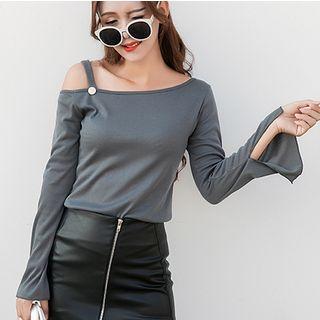 Asymmetric Off-shoulder Bell-sleeve Knit Top