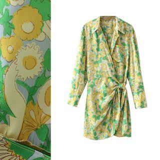 V-neck Knot Print Long Sleeve Mini Dress