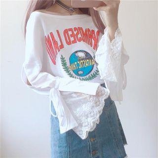 Print Lace Panel Bell-sleeve Sweatshirt