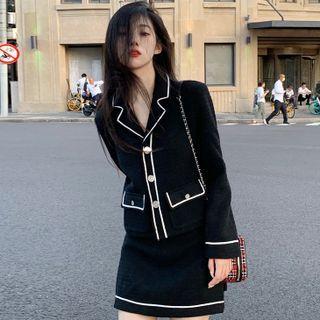 Contrast Trim Tweed Jacket / Mini Skirt