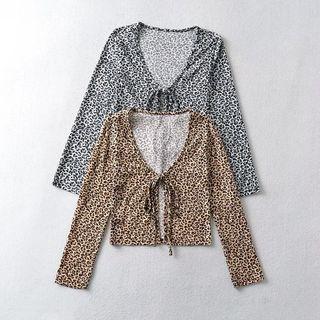 Long-sleeve Leopard Print Tie-front Top