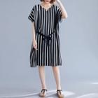 Striped Short-sleeve V-neck Dress Stripe - L
