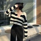 Open-collar Cropped Striped Sweater
