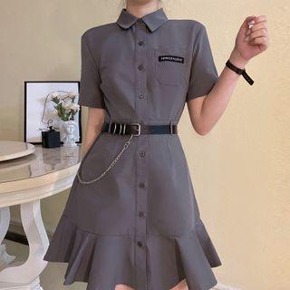 Set: Short-sleeve Plain Mini Shirtdress + Belt