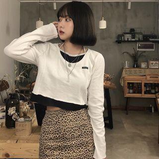 Mock Two-piece Long-sleeve Top Black & White - One Size