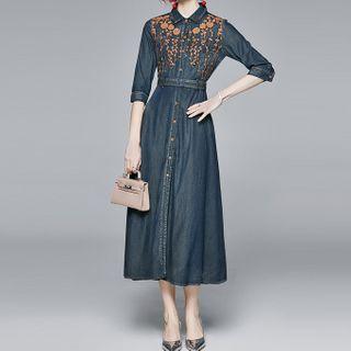 3/4-sleeve Embroidered Midi A-line Denim Dress