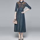 3/4-sleeve Embroidered Midi A-line Denim Dress