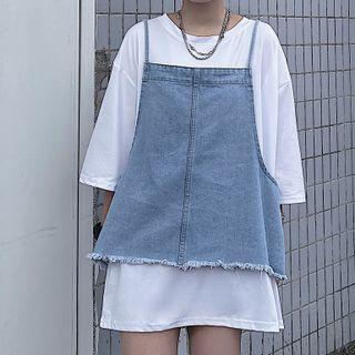 3/4-sleeve T-shirt / Fray Hem Denim Camisole Top