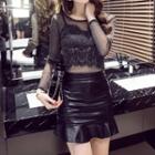 Set: Long-sleeve Sheer Top + Faux Leather Mini Mermaid Pencil Skirt