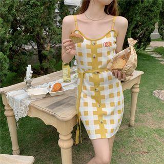 Lettering Plaid Drawstring Overall Dress Yellow - One Size