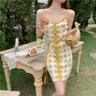 Lettering Plaid Drawstring Overall Dress Yellow - One Size