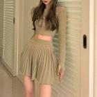Long-sleeve Knit Top / Pleated Knit Skirt