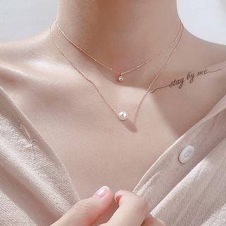 925 Sterling Silver Rhinestone Faux Pearl Pendant Layered Choker Necklace Rose Gold - One Size