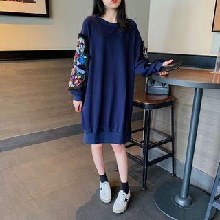 Long-sleeve Flower Embroidered Shift Dress